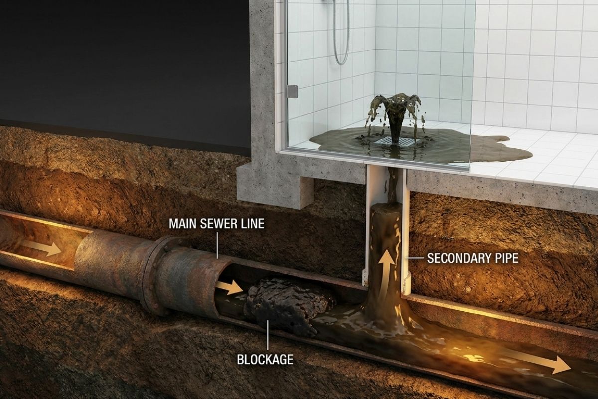 Diagram of main sewer line blockage causing sewage backup through shower drain via secondary pipe
