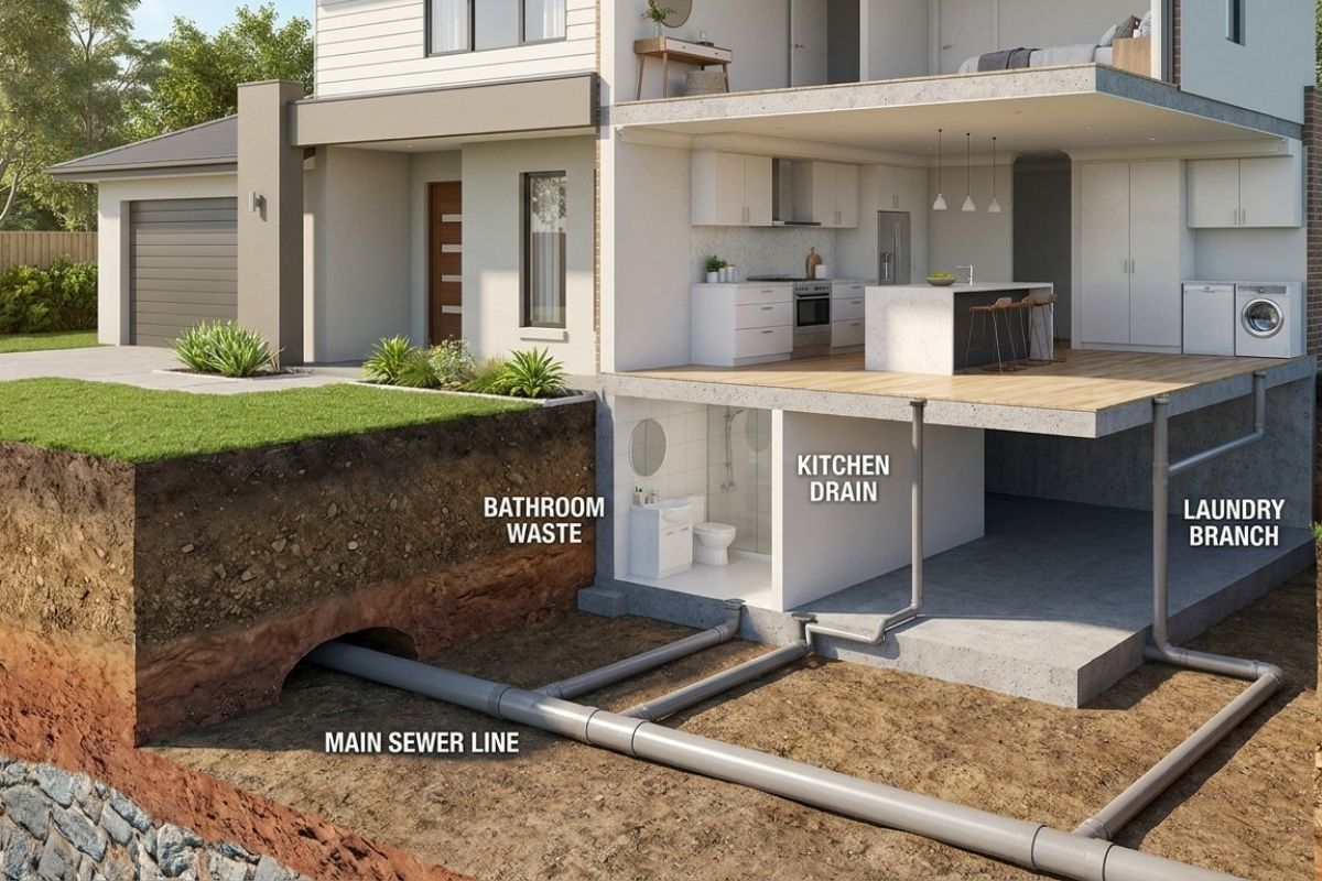 Home plumbing system cutaway: kitchen, bathroom, and laundry drains connecting to main underground sewer line.