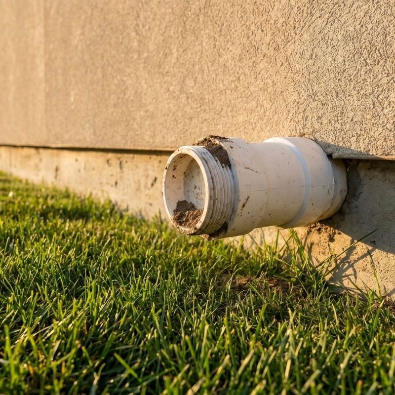PVC drain pipe outlet in house foundation above lawn, exterior home drainage cleanout close-up.