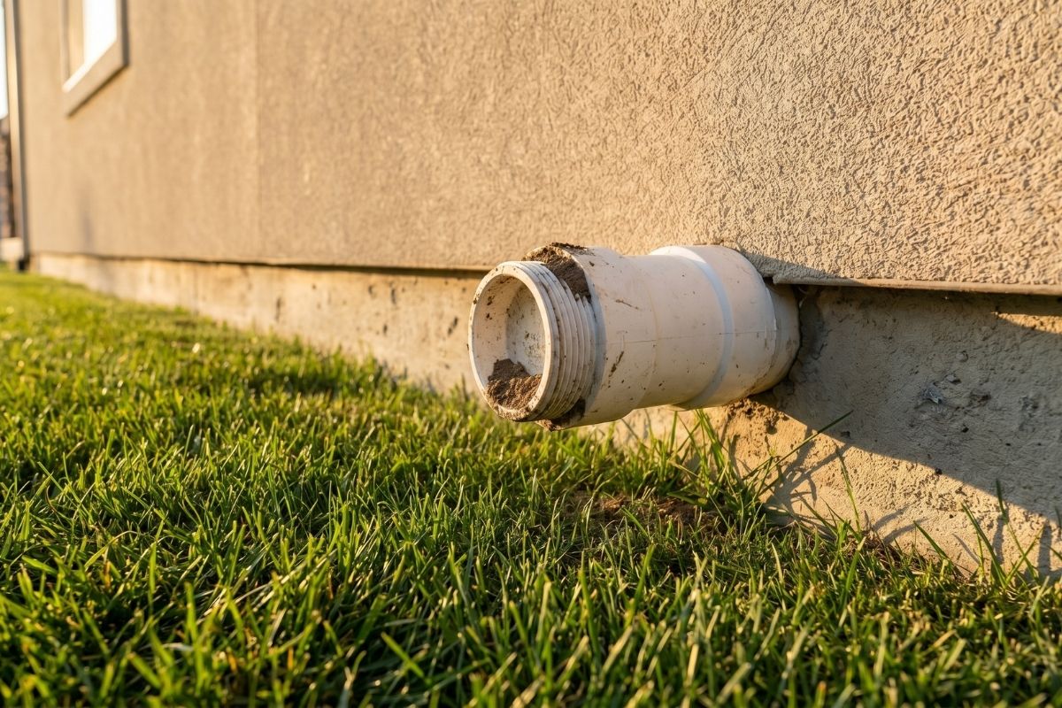 PVC drain pipe outlet in house foundation above lawn, exterior home drainage cleanout close-up.