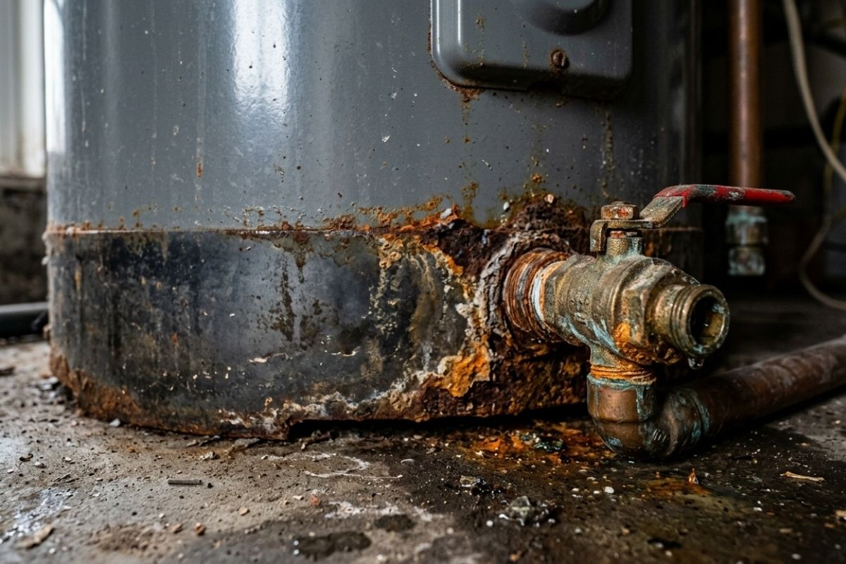 Rusted, leaking water heater tank with corroded shutoff valve on basement floor—signs you need replacement.