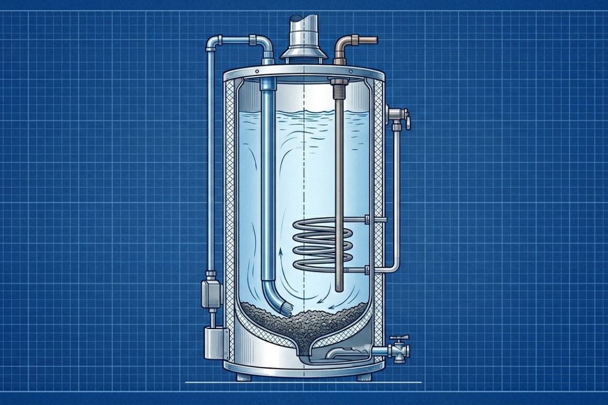 Schematic cutaway of stainless steel process tank with internal coil heat exchanger, recirculation pipes, and bottom drain.