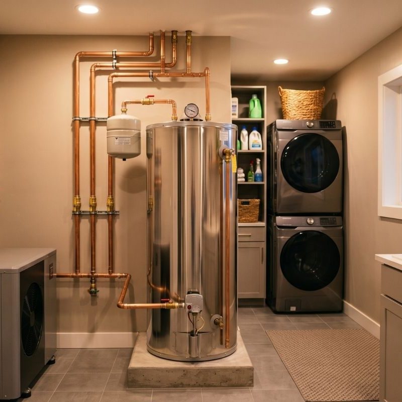 Modern utility room with heat pump water heater, copper pipes, and stacked washer-dryer beside laundry shelves and sink