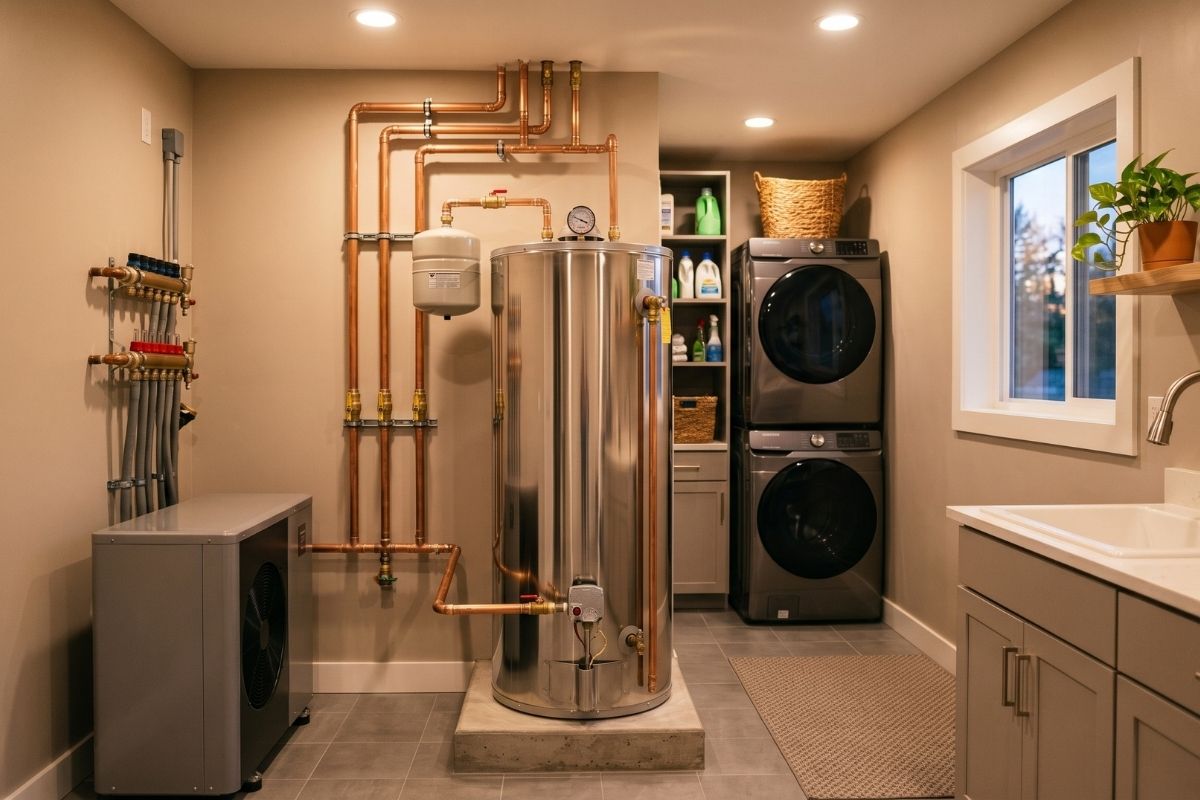 Modern utility room with heat pump water heater, copper pipes, and stacked washer-dryer beside laundry shelves and sink