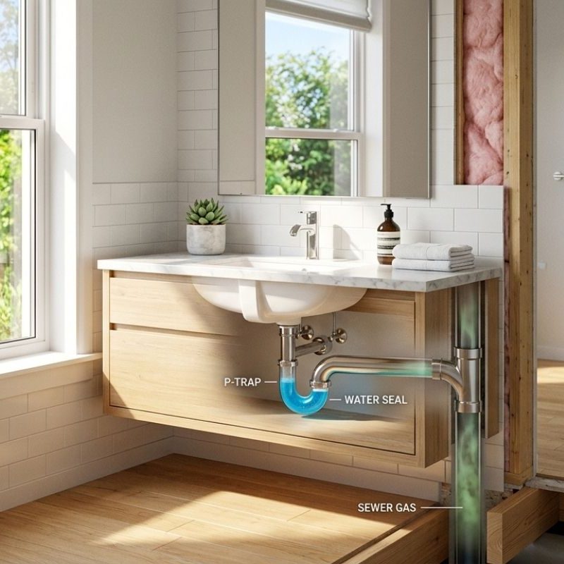 Bathroom sink P-trap plumbing diagram showing water seal and sewer gas prevention under modern vanity