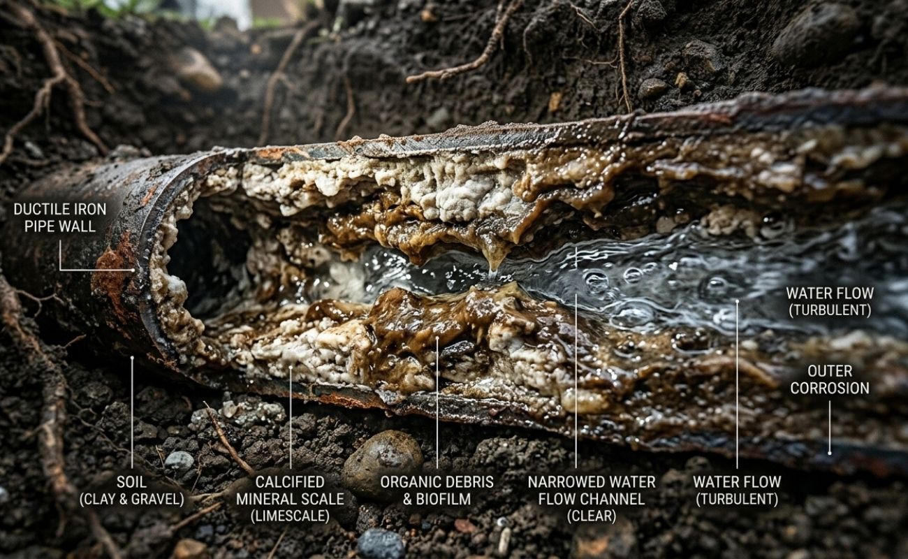 Severely corroded iron water pipe with limescale, biofilm and debris buildup narrowing turbulent flow underground