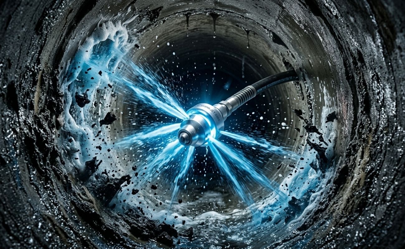 High-pressure hydro jetting nozzle cleaning clogged drain pipe, blasting water to remove grease and debris