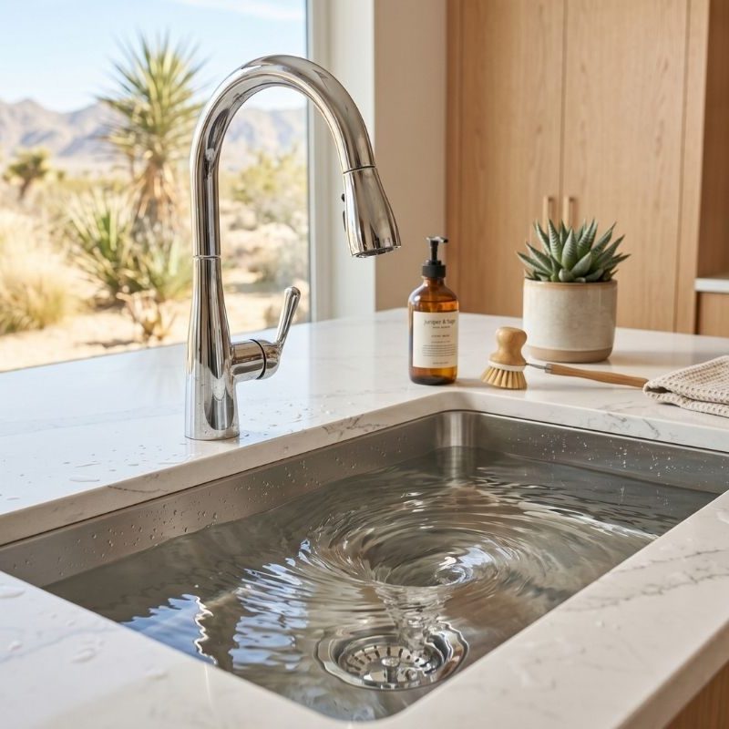 Modern kitchen sink with chrome pull-down faucet on quartz countertop, water swirling, desert view window, soap and succulent