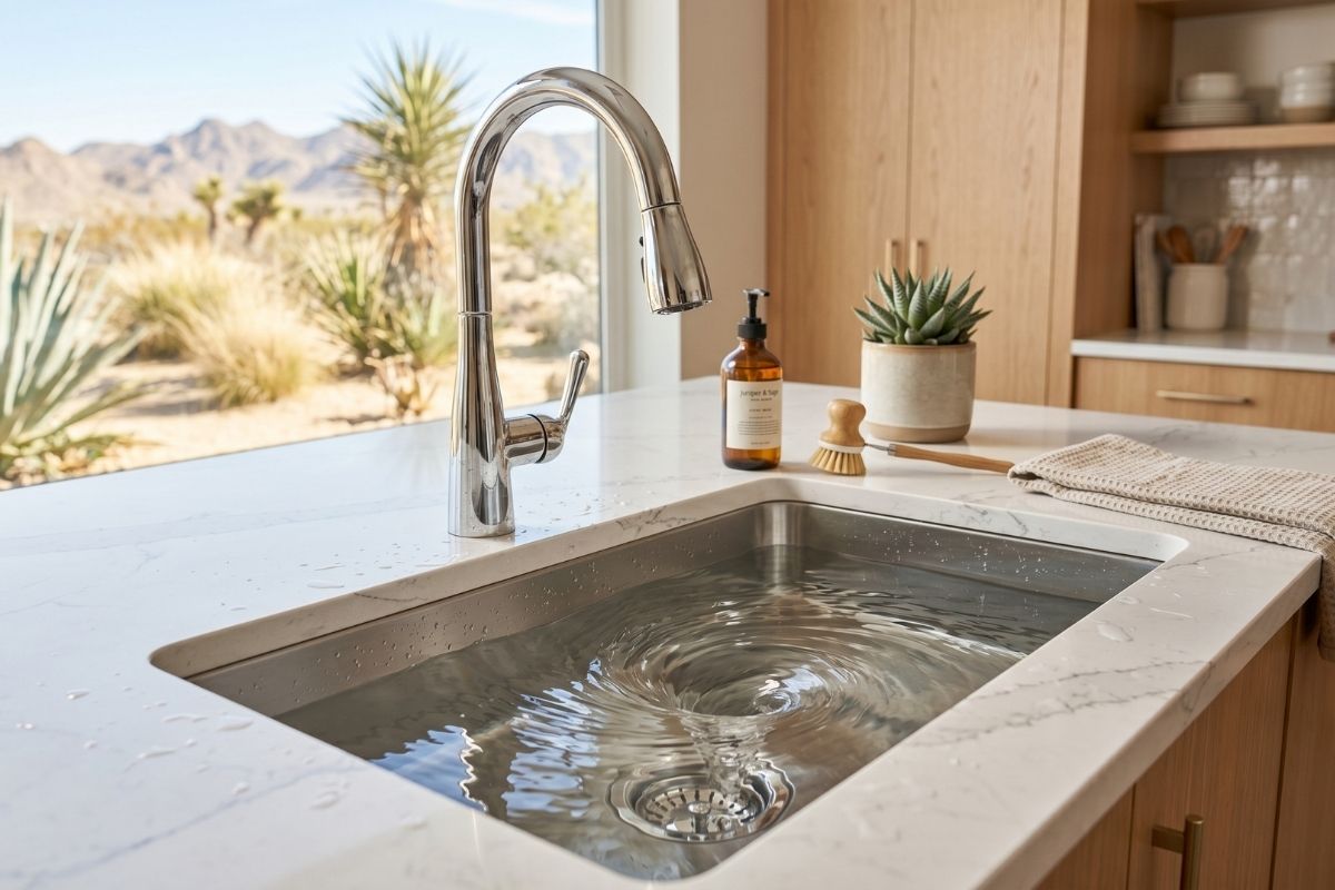 Modern kitchen sink with chrome pull-down faucet on quartz countertop, water swirling, desert view window, soap and succulent