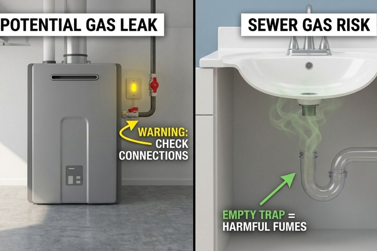 Home safety graphic: potential gas leak at furnace, and sewer gas from empty P-trap under sink—check connections.