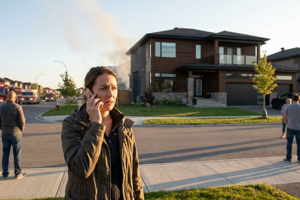 Concerned woman calling 911 as smoke from house fire rises; fire trucks respond in suburban neighborhood.