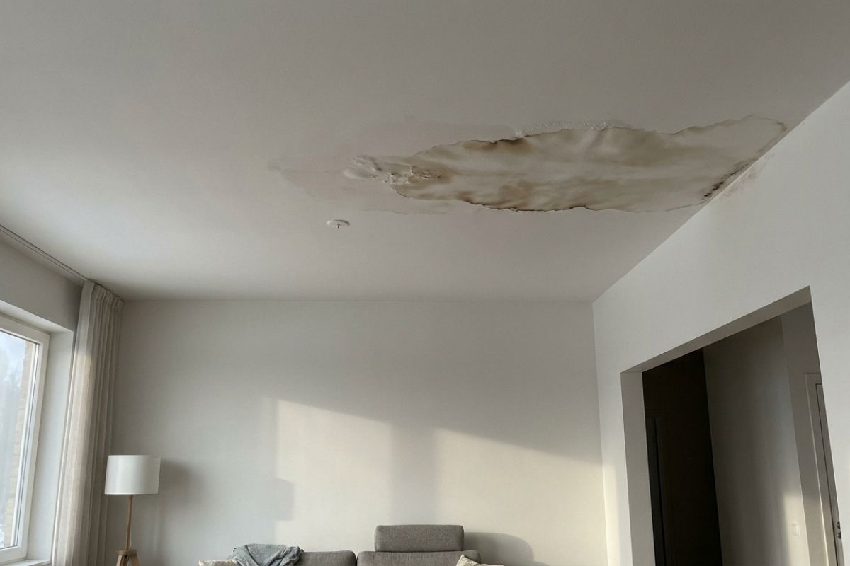 Living room ceiling with large brown water stain from ceiling leak, sagging drywall—water damage repair needed.