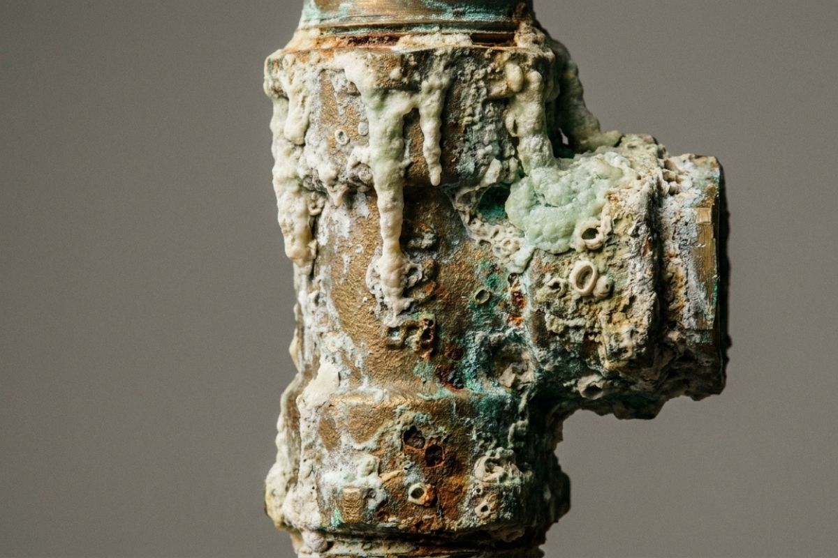 Close-up of corroded metal pipe with limescale and rust buildup, showing hard water damage and need for plumbing repair