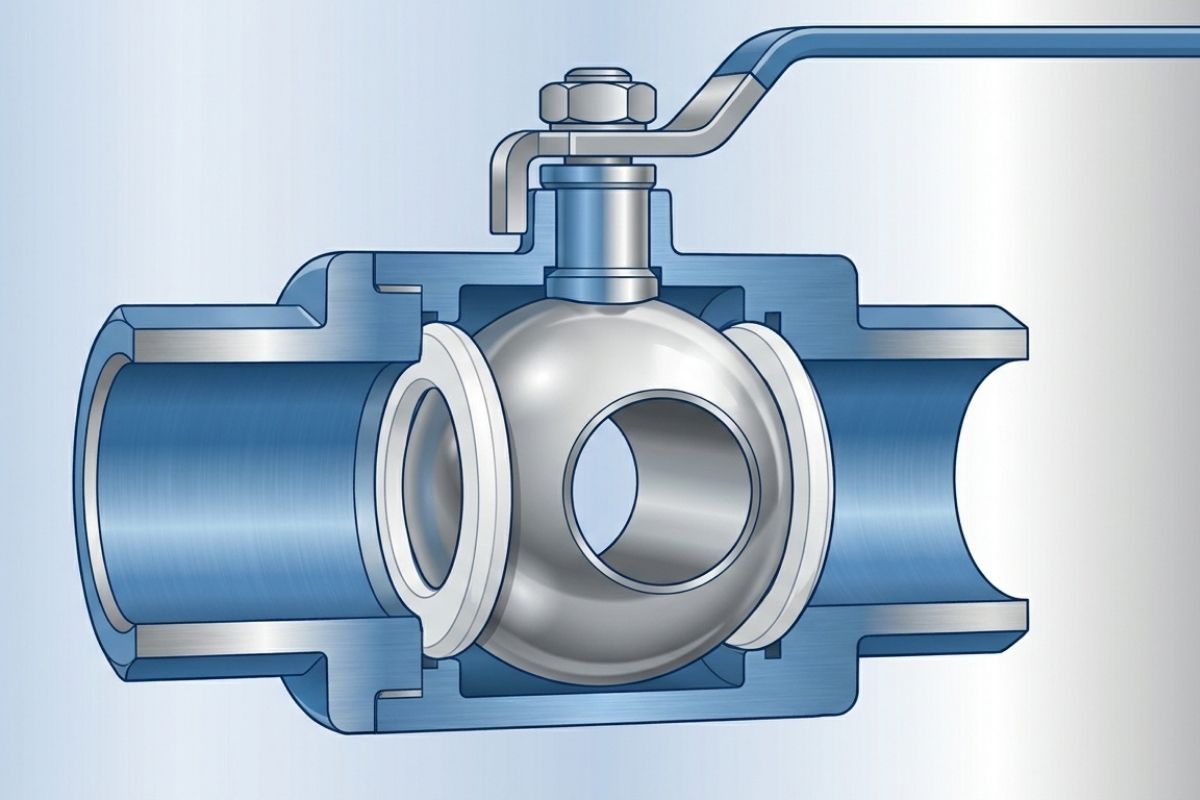 Ball valve cross-section showing handle, stainless steel ball and seals inside industrial pipeline housing