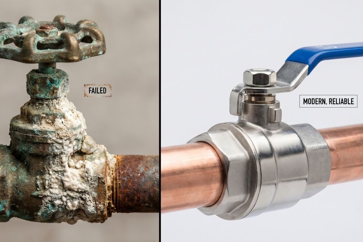 Old corroded plumbing valve vs new stainless ball valve on copper pipe—upgrade to modern, reliable, leak-free plumbing.