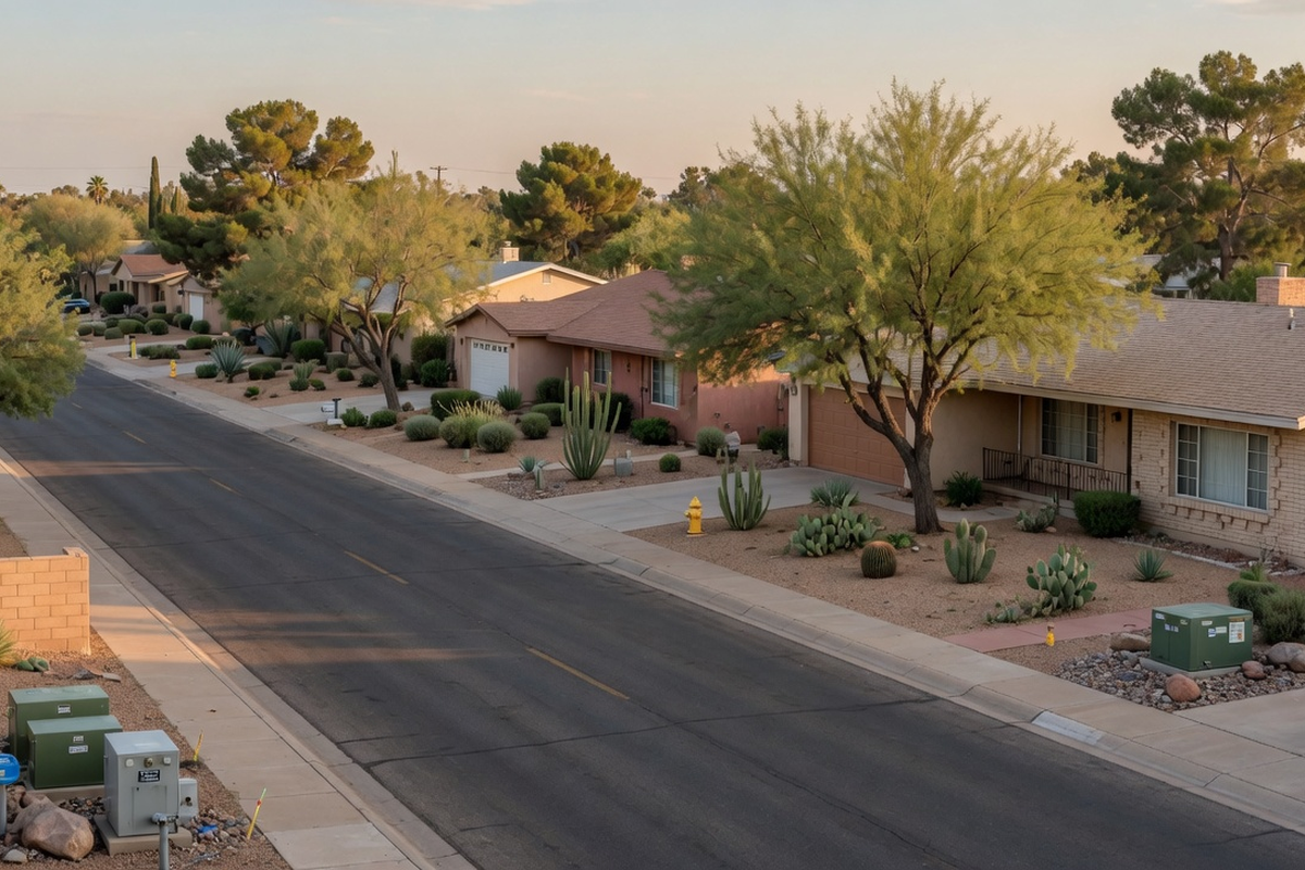 Desert suburban street with xeriscape landscaping, cactus front yards and trees, quiet Southwest neighborhood at sunset.