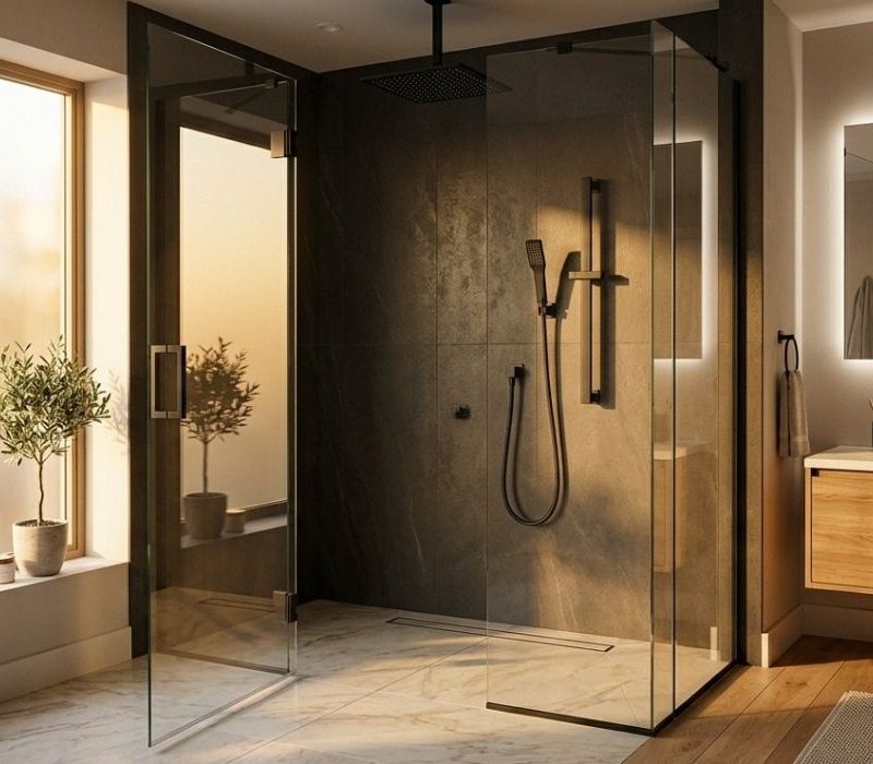 Modern bathroom with frameless glass shower, matte black fixtures, wood vanity and backlit mirror, sunlit frosted windows.
