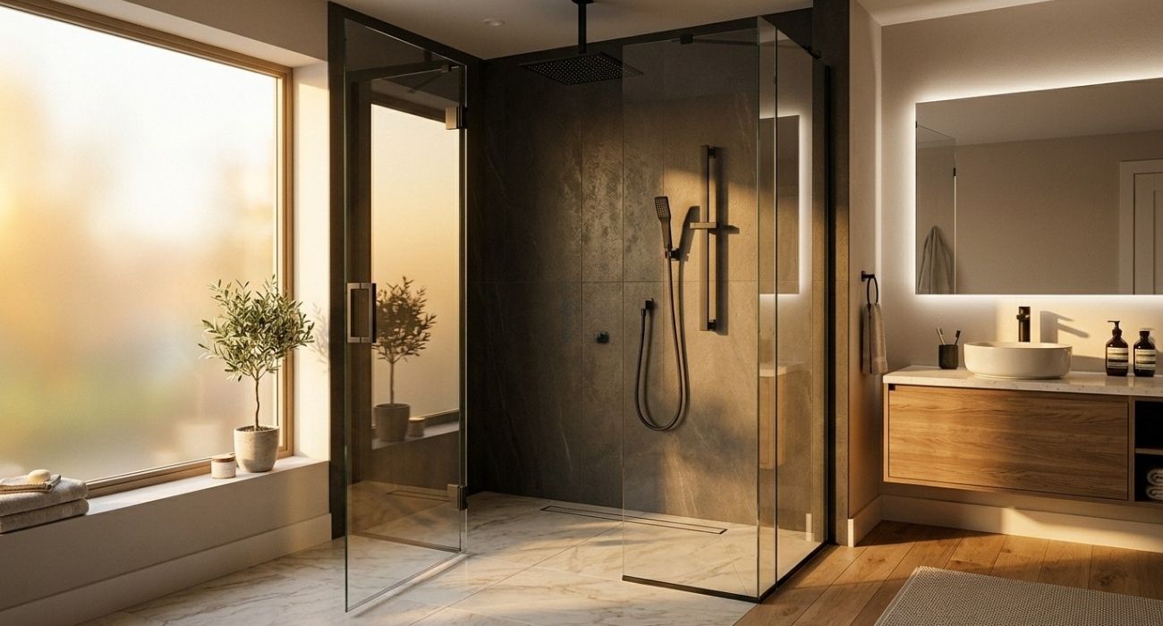 Modern bathroom with frameless glass shower, matte black fixtures, wood vanity and backlit mirror, sunlit frosted windows.