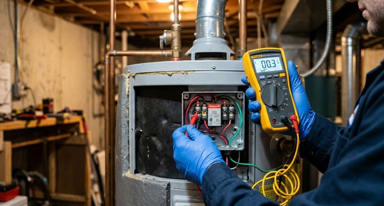 HVAC technician testing gas furnace control board with multimeter in basement, heating system repair and maintenance