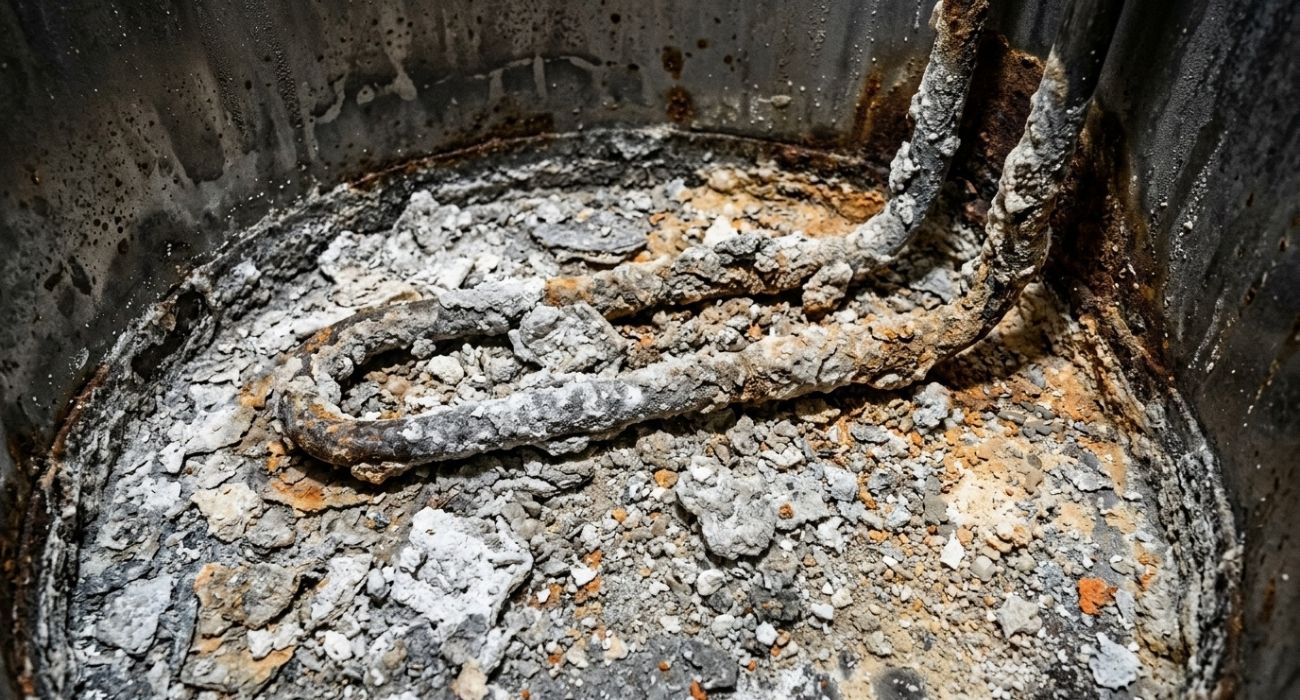 Corroded water heater heating element with heavy limescale buildup and mineral deposits from hard water, needs descaling