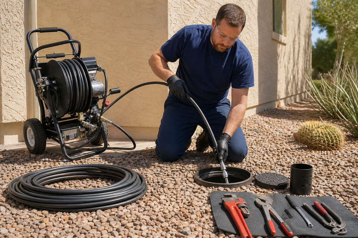 Plumber performing hydro jetting at outdoor sewer cleanout, using drain cleaning machine and tools at a residential home.