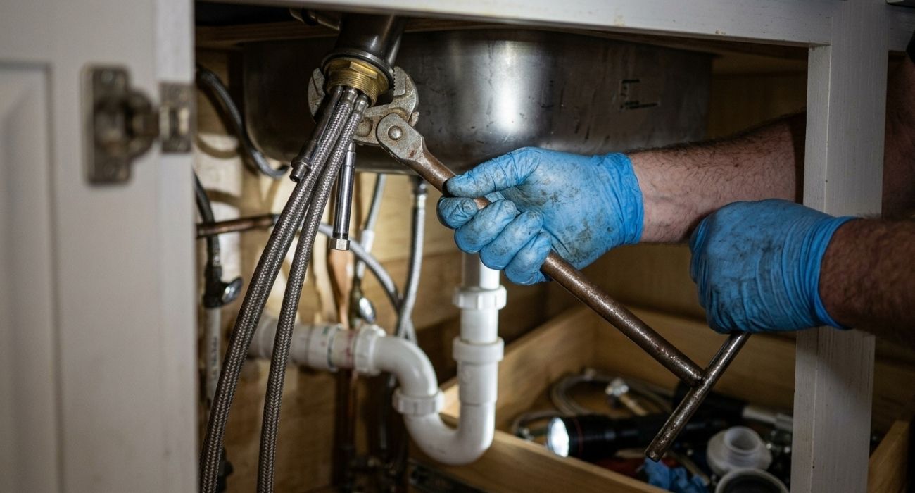 Plumber repairing kitchen sink plumbing under cabinet, tightening faucet connections with wrench and blue gloves