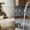 Before and after: corroded leaking tap vs modern chrome kitchen faucet running water—kitchen plumbing upgrade.