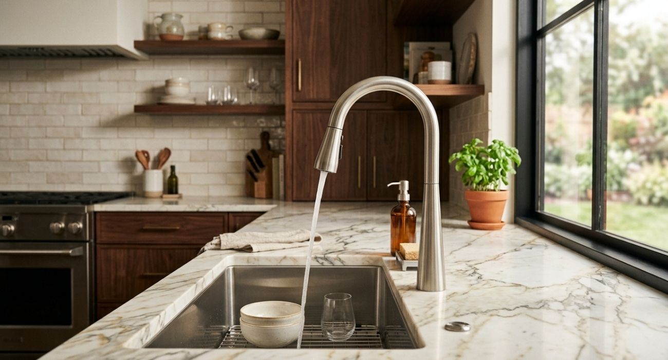 Modern kitchen sink with running stainless faucet on marble countertop by window, basil plant and soap dispenser.