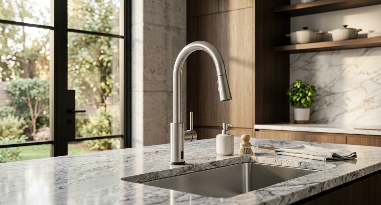 Brushed stainless steel pull-down kitchen faucet on marble island countertop in modern kitchen with window and wood cabinets