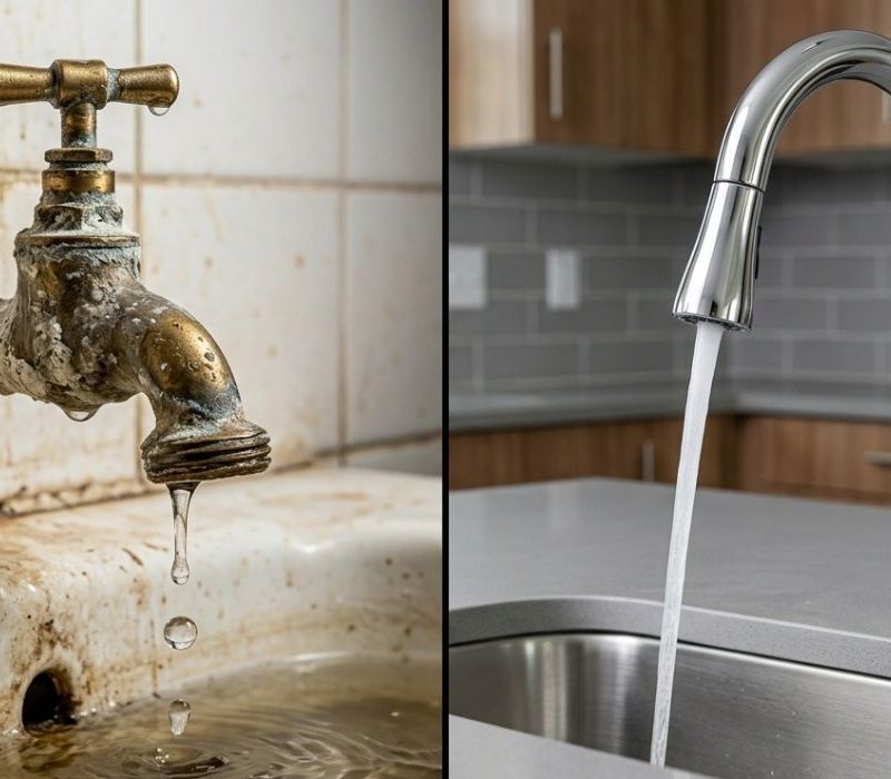 Before and after: corroded leaking tap vs modern chrome kitchen faucet running water—kitchen plumbing upgrade.