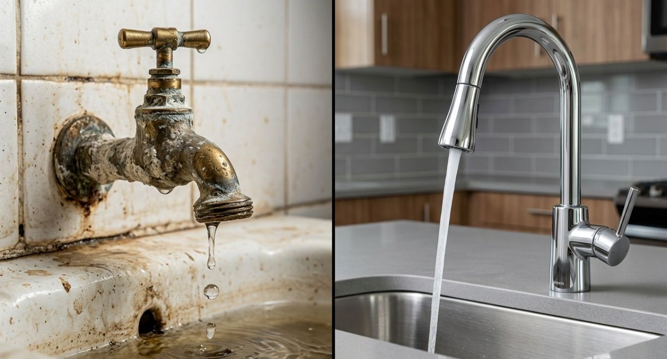 Before and after: corroded leaking tap vs modern chrome kitchen faucet running water—kitchen plumbing upgrade.