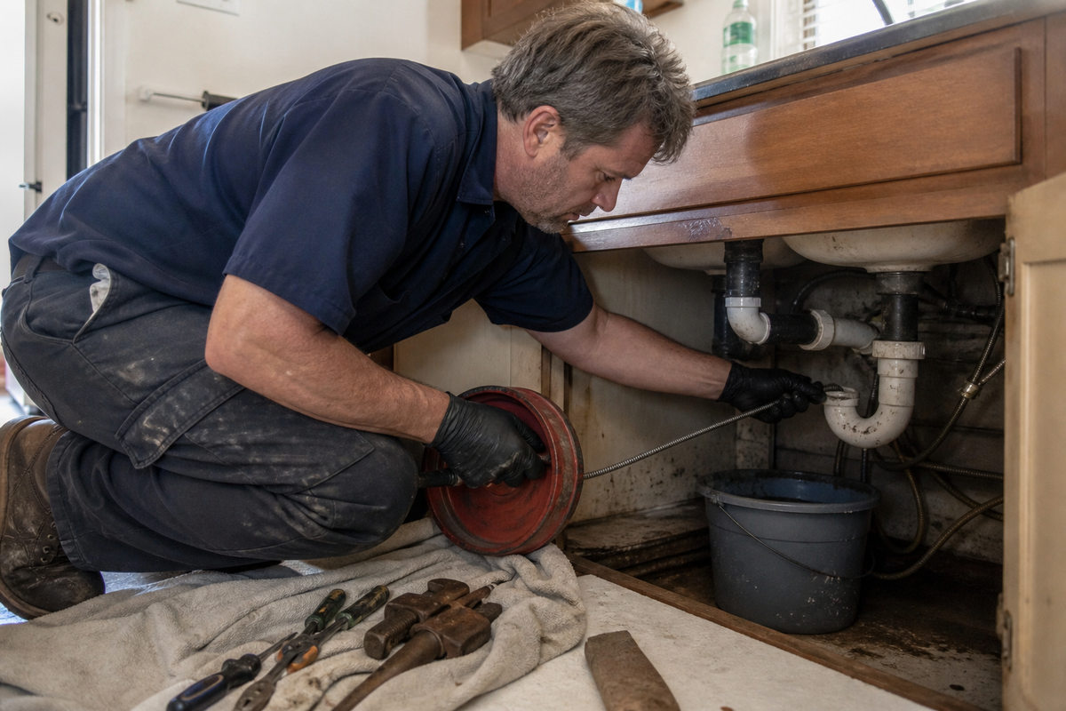 Professional plumber snaking a clogged kitchen sink drain under cabinet during home plumbing repair.