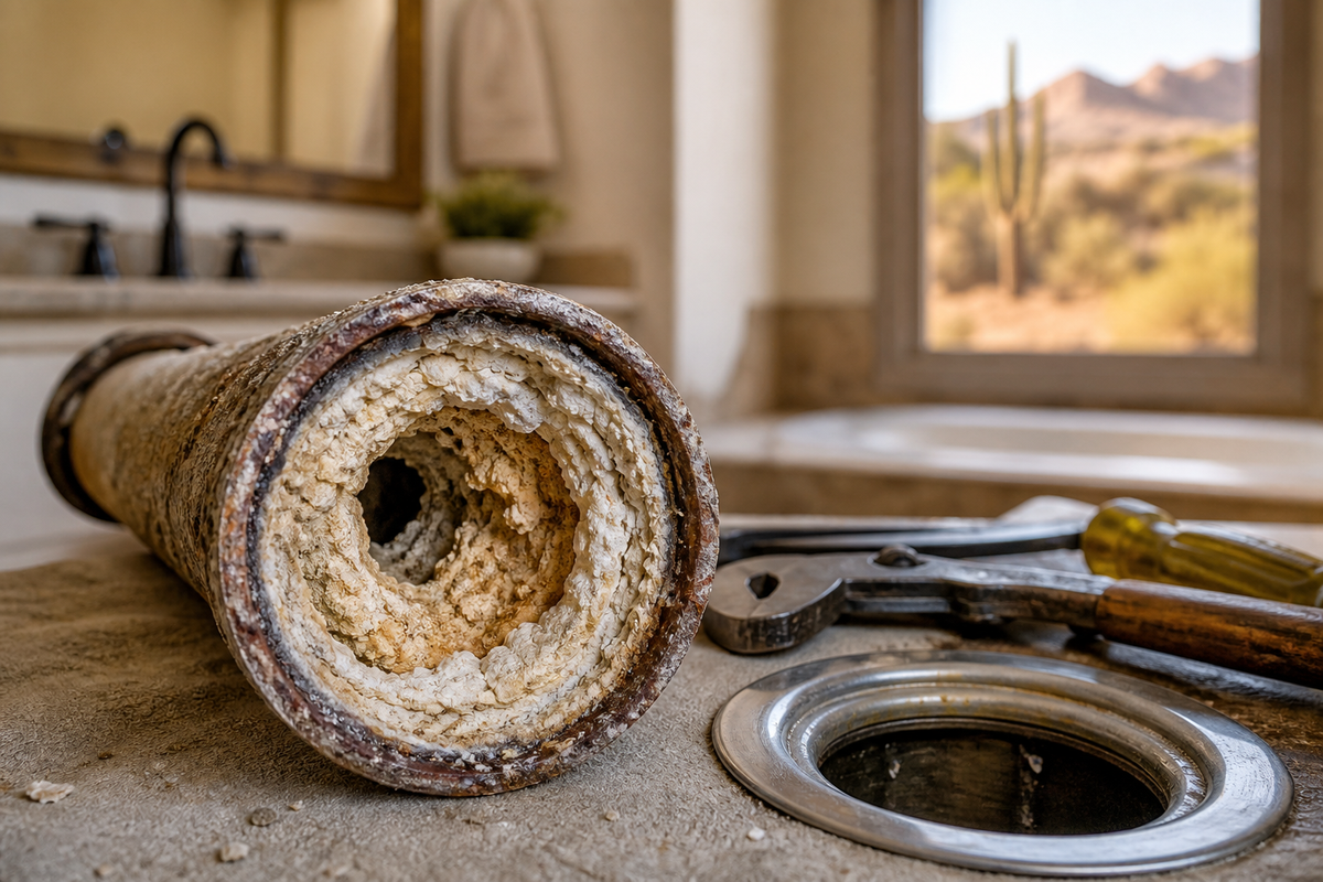 Clogged pipe with heavy limescale from hard water on bathroom sink, plumbing tools nearby, need pipe descaling repair.