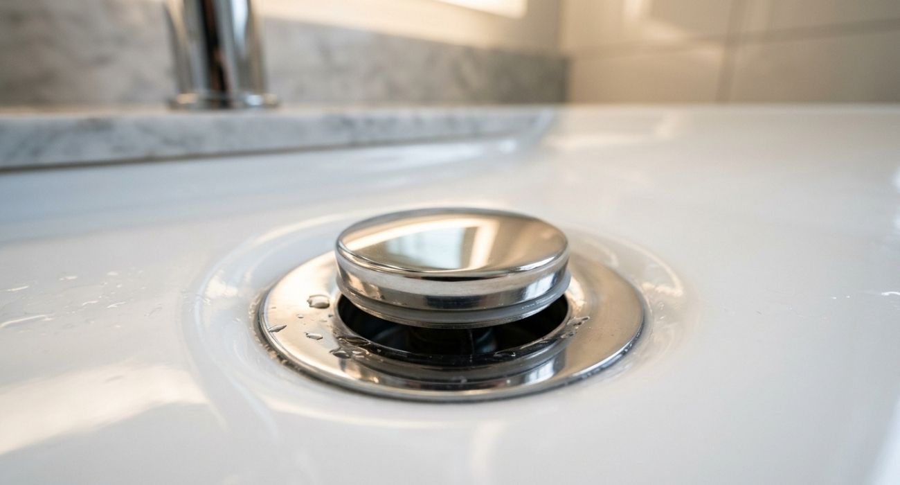 Bathroom sink drain close-up with chrome pop-up stopper and water droplets on white basin.