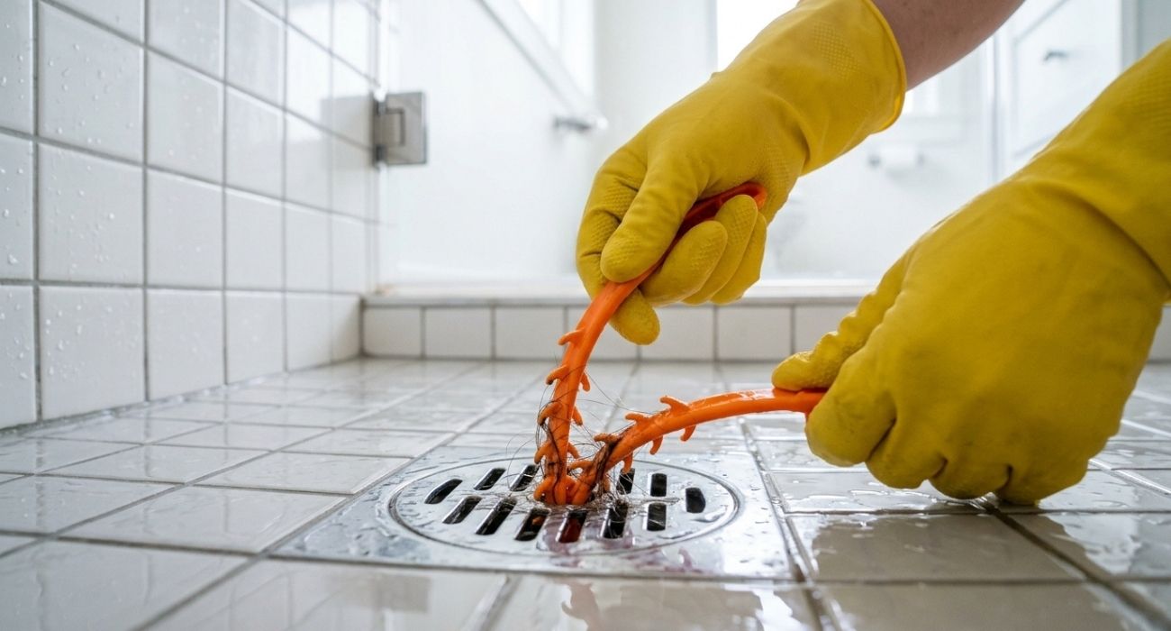 Person in yellow gloves cleaning and unclogging shower drain with plastic snake, pulling hair clog from bathroom tile floor.