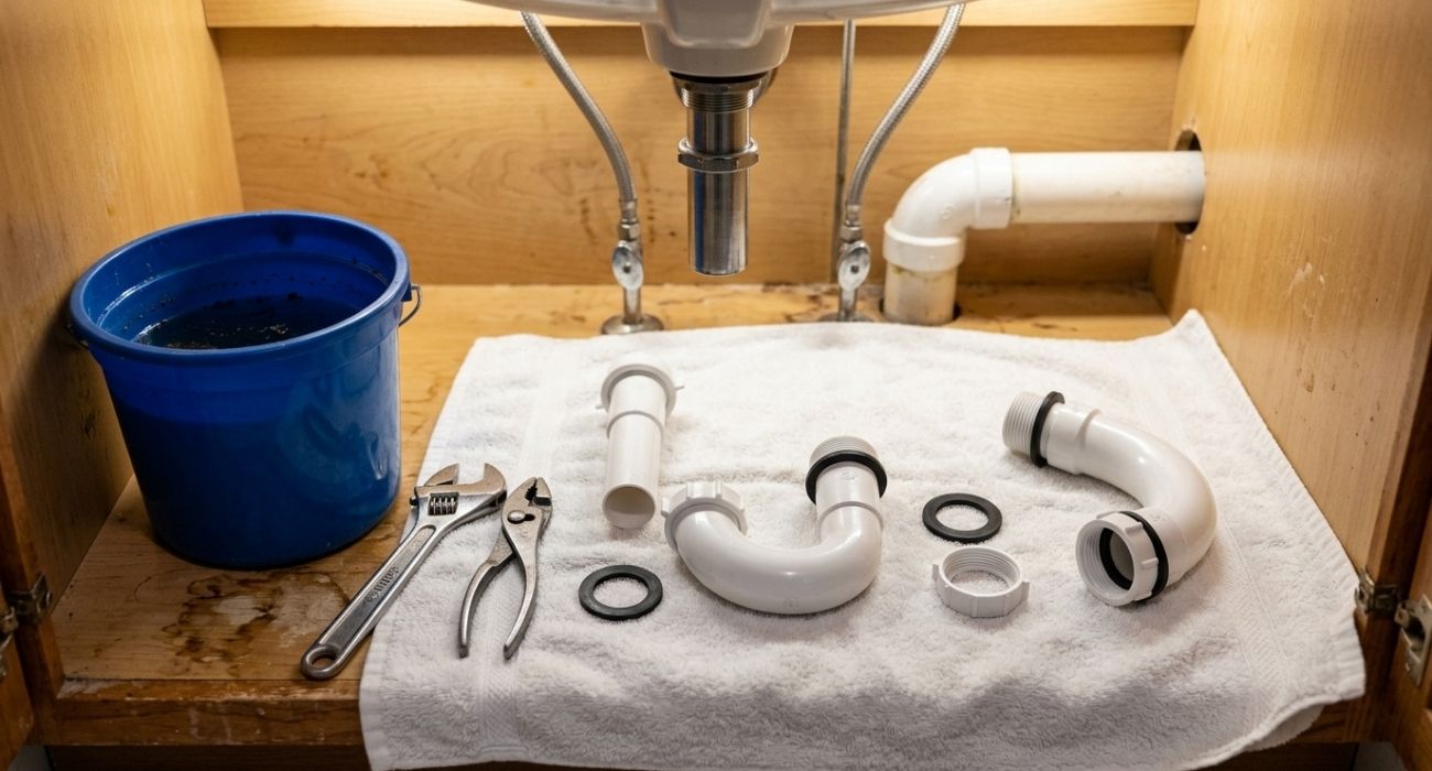 DIY under-sink P-trap replacement: plumbing parts, wrench, pliers and bucket inside sink cabinet.
