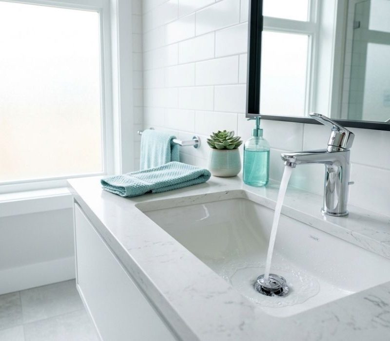 Modern white bathroom sink and vanity with quartz countertop, chrome faucet running, subway tile, towels and soap dispenser.