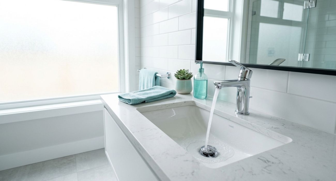 Modern white bathroom sink and vanity with quartz countertop, chrome faucet running, subway tile, towels and soap dispenser.