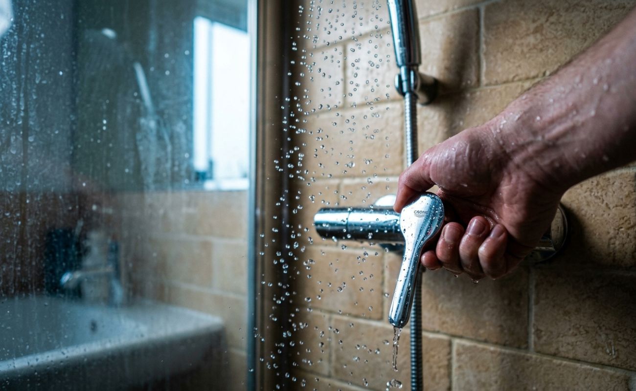 Hand turning chrome shower mixer to adjust water temperature; droplets on glass in tiled bathroom.