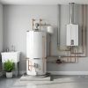 Home utility room with tank and tankless water heaters, copper plumbing, and a utility sink by a window.