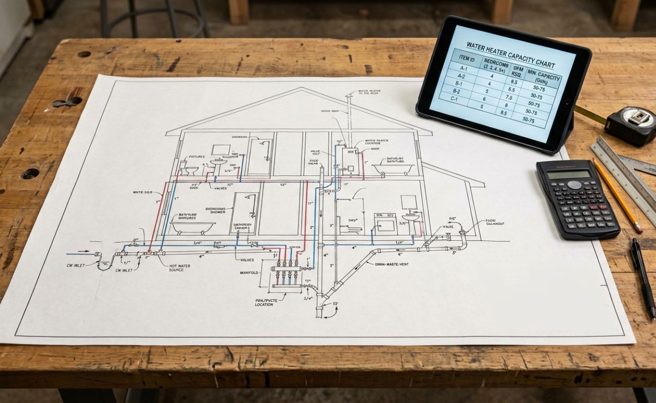 Residential plumbing plan blueprint on workbench with tablet water heater capacity chart, calculator and drafting tools.