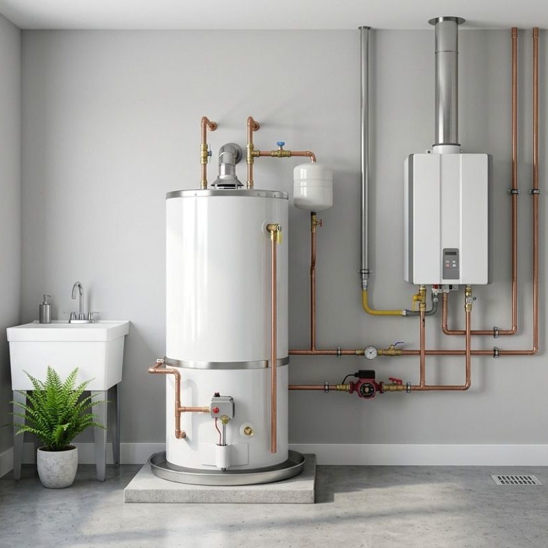 Home utility room with tank and tankless water heaters, copper plumbing, and a utility sink by a window.