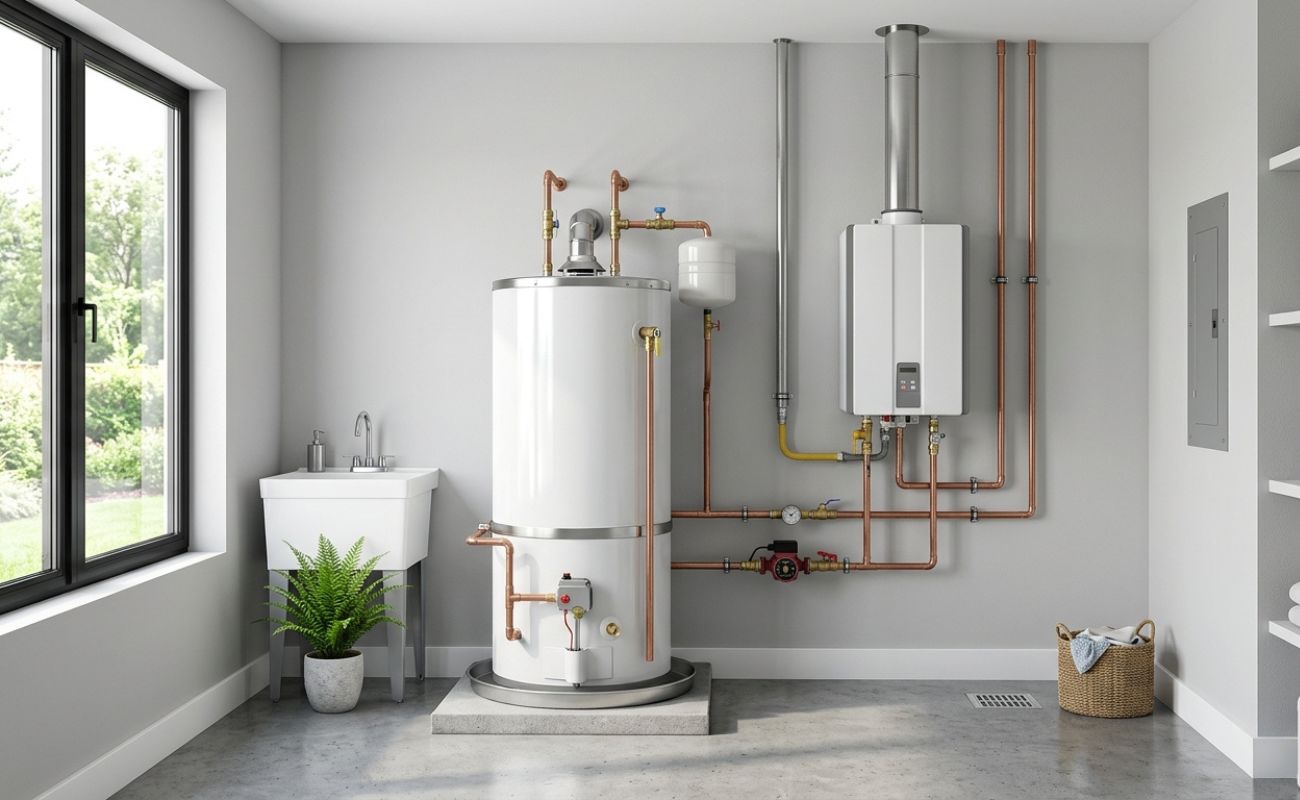 Home utility room with tank and tankless water heaters, copper plumbing, and a utility sink by a window.