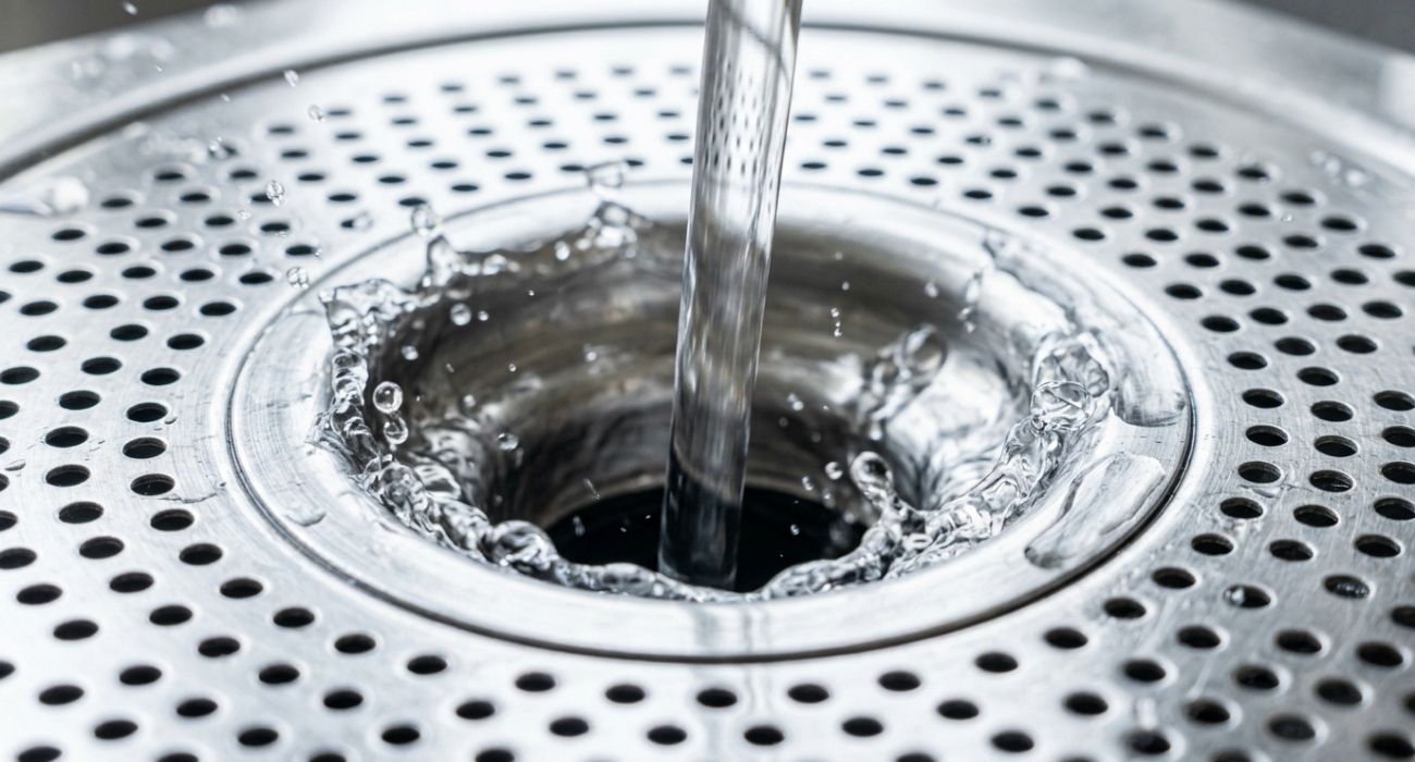 Water pouring into stainless steel sink drain, close-up splash, kitchen plumbing and drainage.