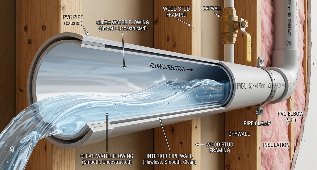 Cutaway of PVC plumbing pipe with clear water flow in wall, showing wood studs, insulation, valve, elbow and clamp.