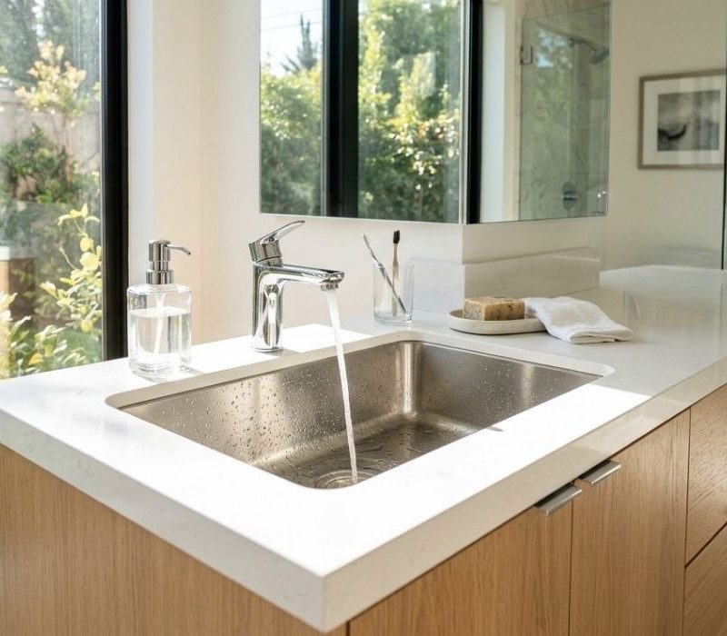 Modern bathroom vanity with running faucet, stainless sink, white quartz countertop, wood cabinets, glass shower, window