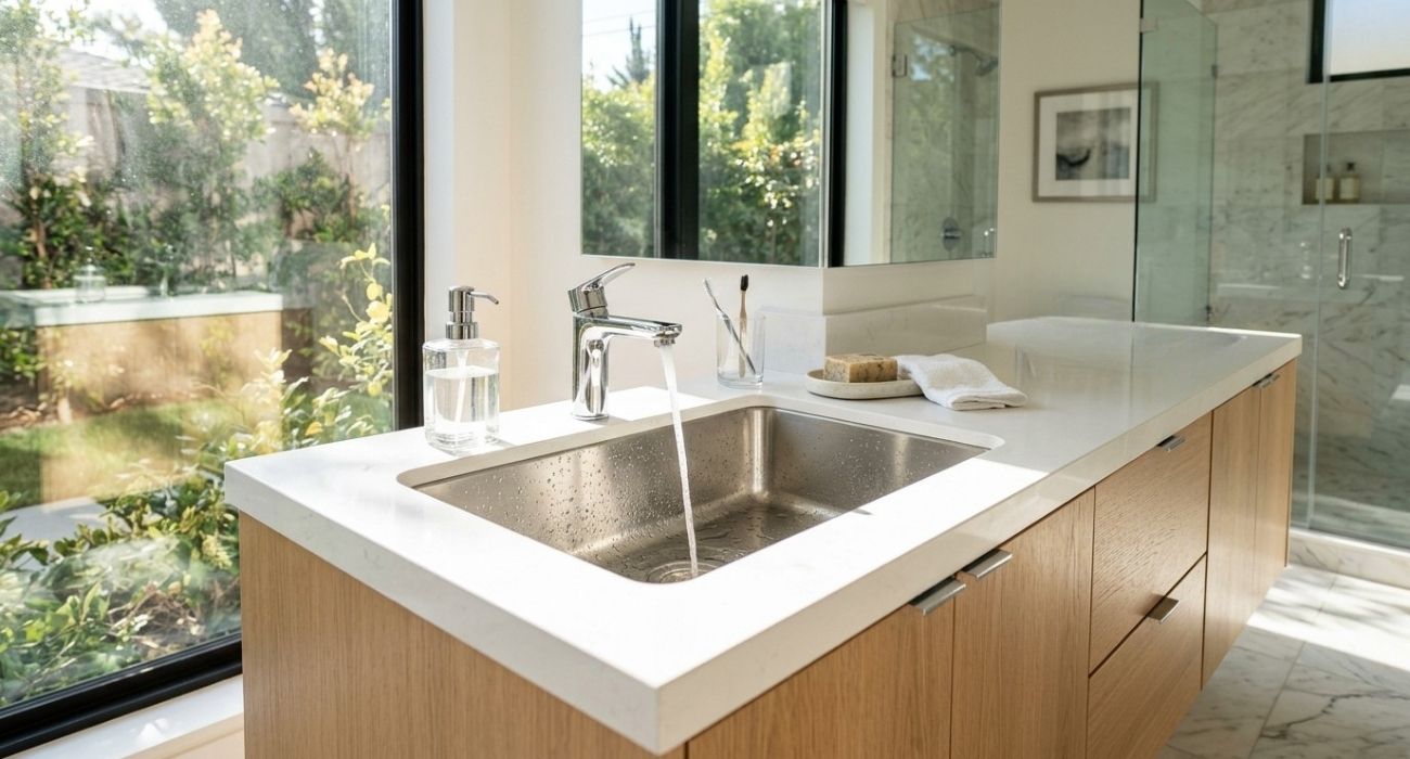 Modern bathroom vanity with running faucet, stainless sink, white quartz countertop, wood cabinets, glass shower, window