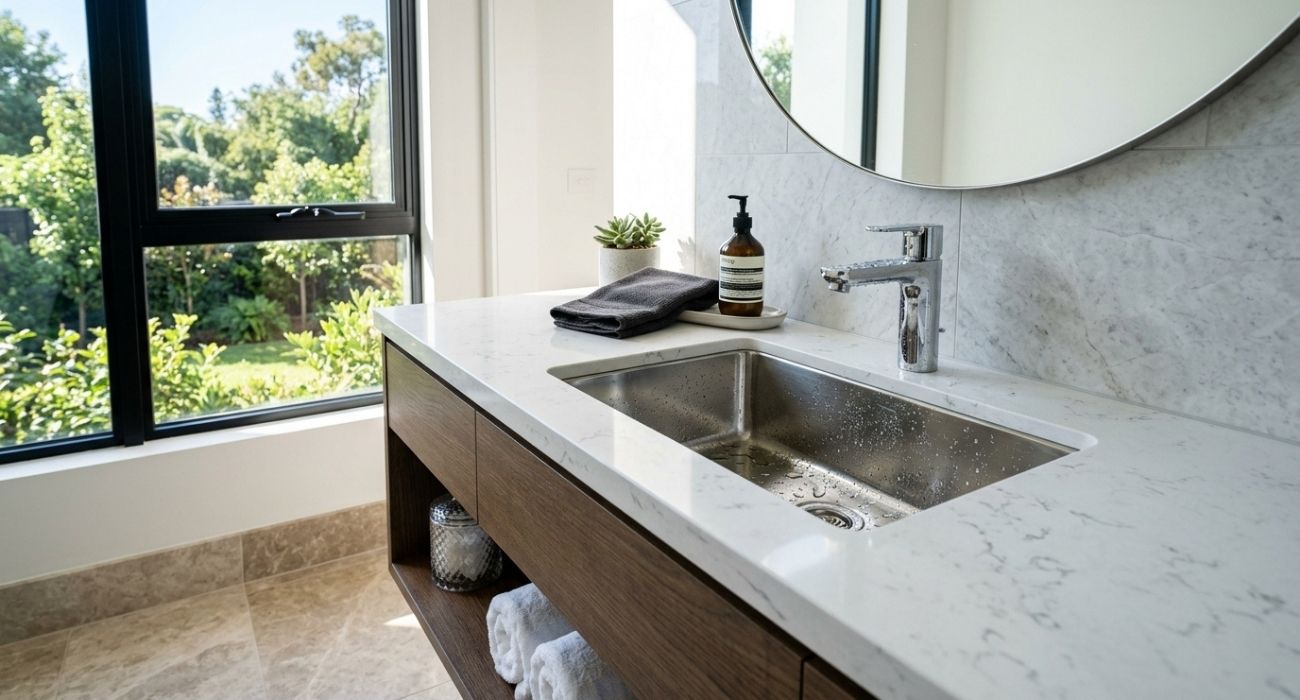 Modern bathroom vanity with quartz countertop, stainless sink, chrome faucet, round mirror, and garden view window.