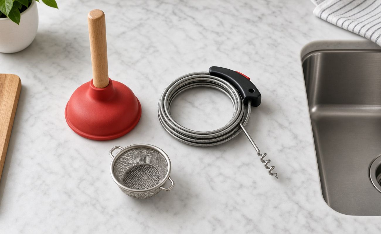 Kitchen sink clog removal tools—plunger, drain snake, and mesh strainer on marble countertop by stainless sink, DIY plumbing.