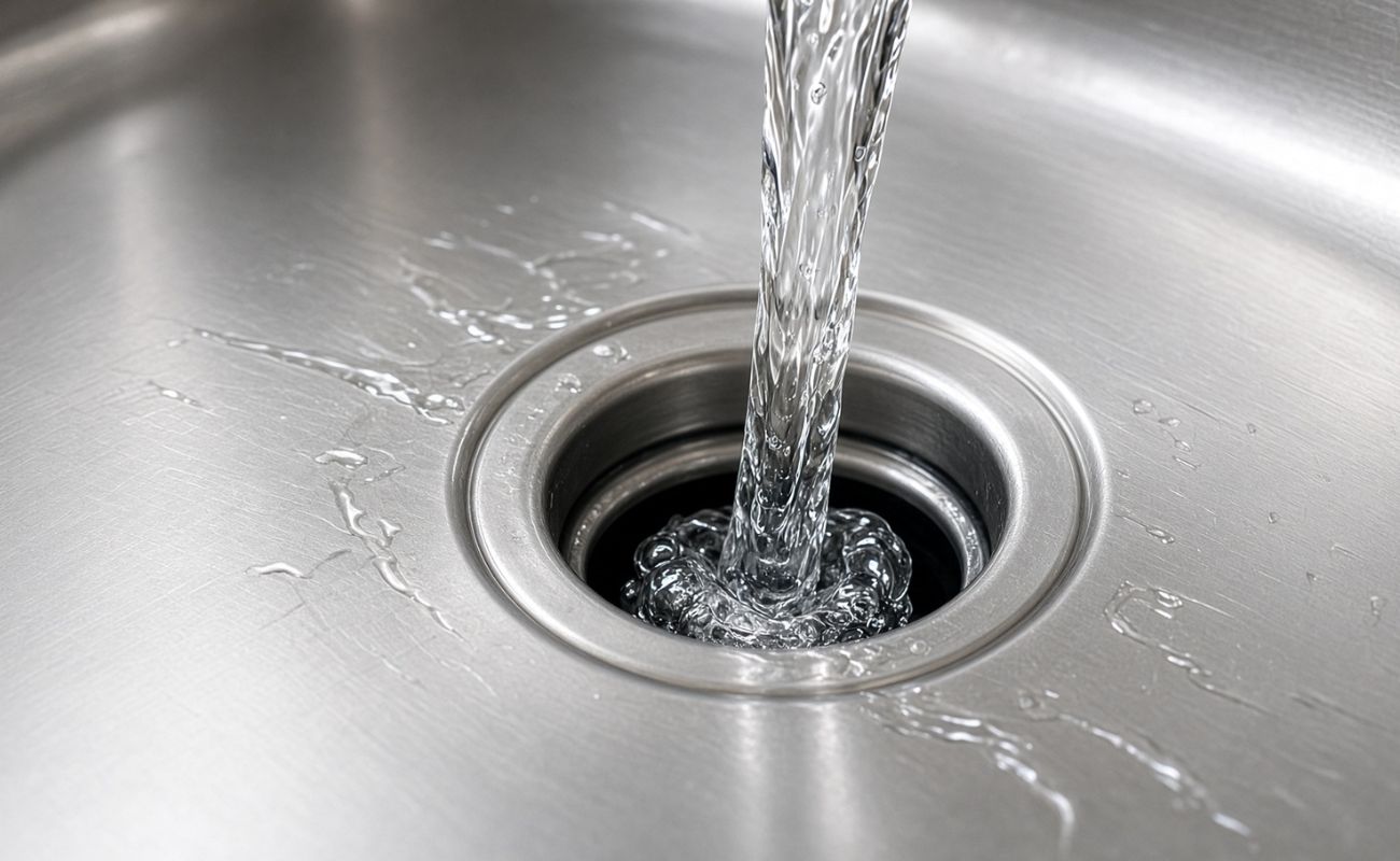 Running water flowing into stainless steel kitchen sink drain, close-up of clean sink and plumbing maintenance.